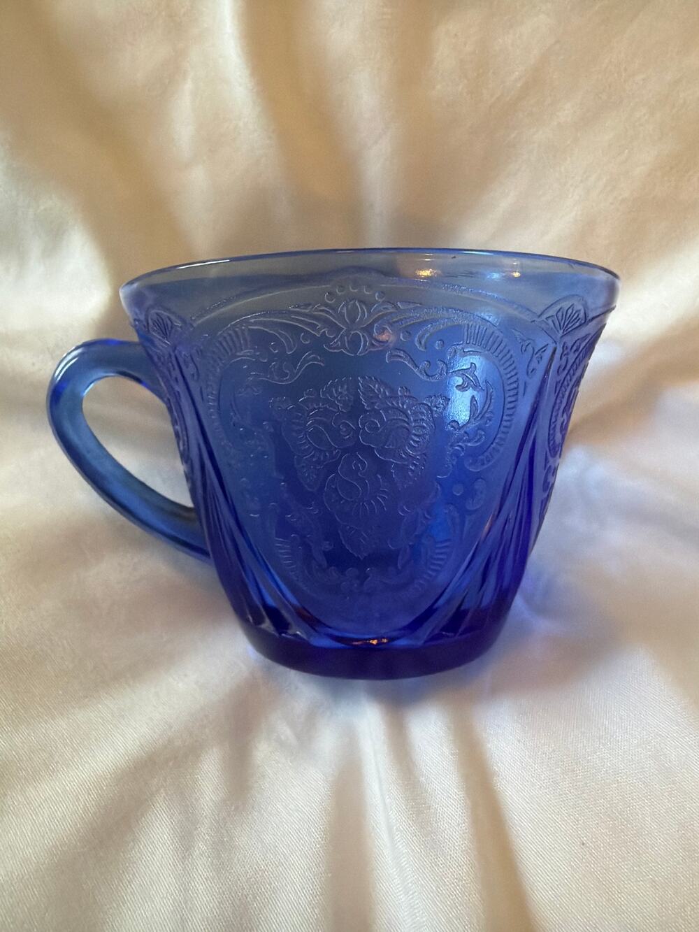 Vintage Cobalt Blue Pressed Glass Mug Cup Embossed Grape Pattern Depression